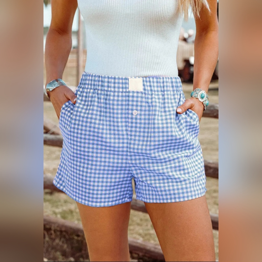 High Waist Blue Gingham Shorts